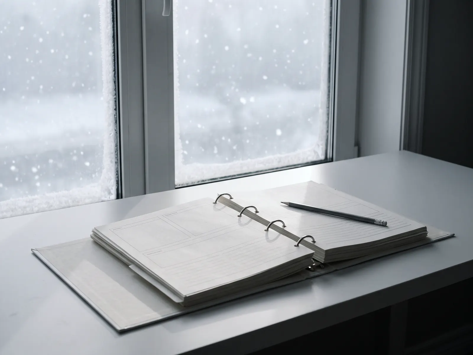 A quiet desk by a frosted window on a snowy morning: an open ring binder of printed pages with a pencil across it.