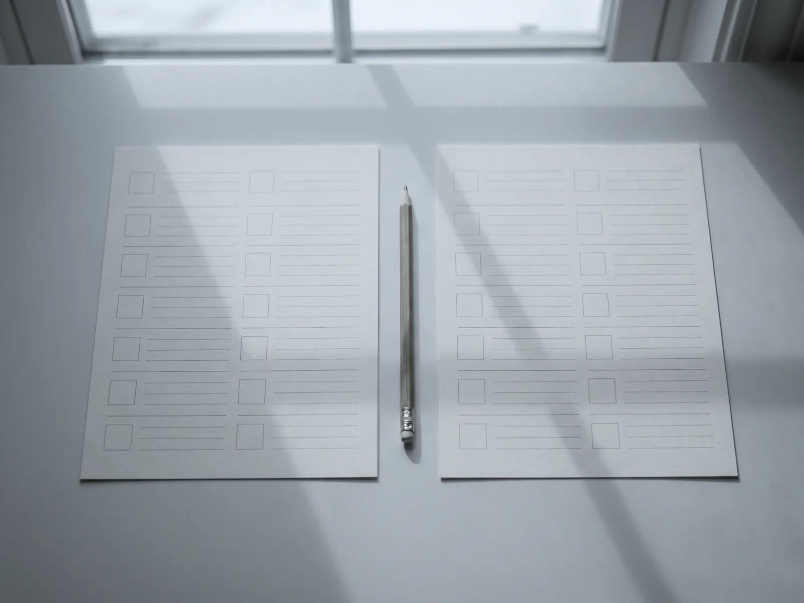 Two nearly identical printed pages side by side with a pencil between them, a window’s shadow falling across both.
